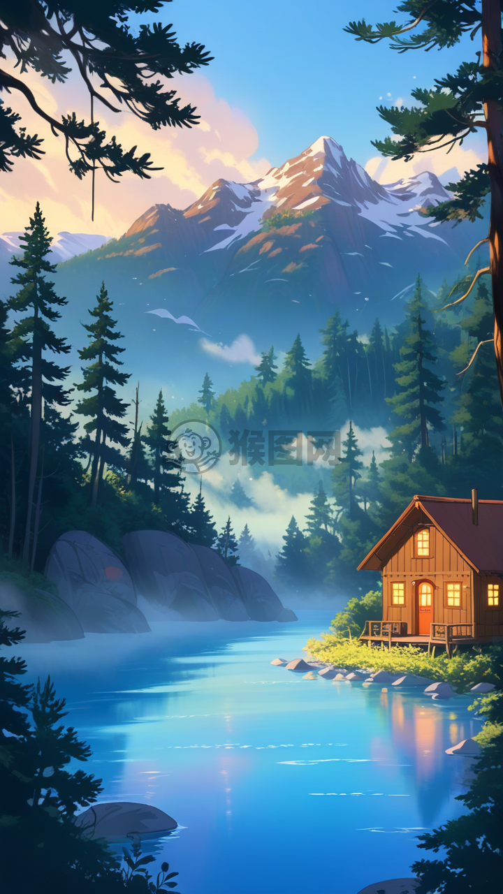 静谧山谷木屋 清澈湖面升雾 温馨木屋小景 温暖灯光绘画情调