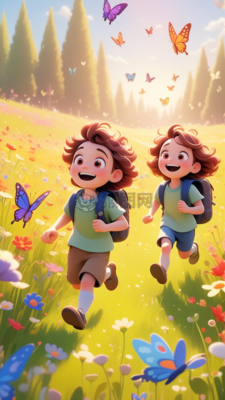 背包小子闯花海，欢笑色彩绘奇趣。
