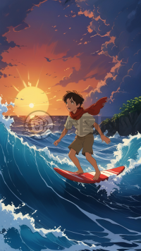 少年踏浪迎风，红巾映海阔。
