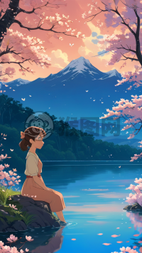 湖畔少女樱花梦，宁静温馨动画情。