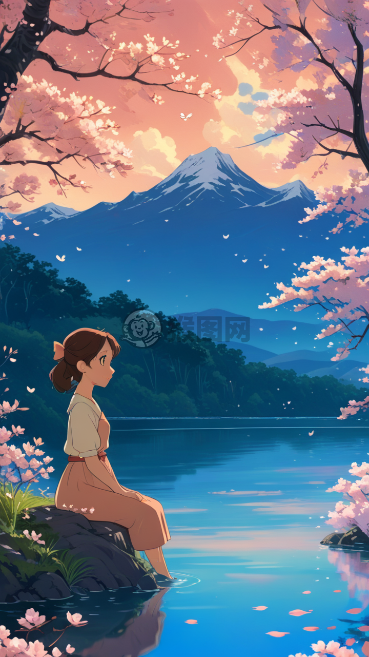 湖畔少女樱花梦，宁静温馨动画情。