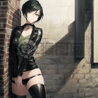 黑发绿眸少女，街头魅影