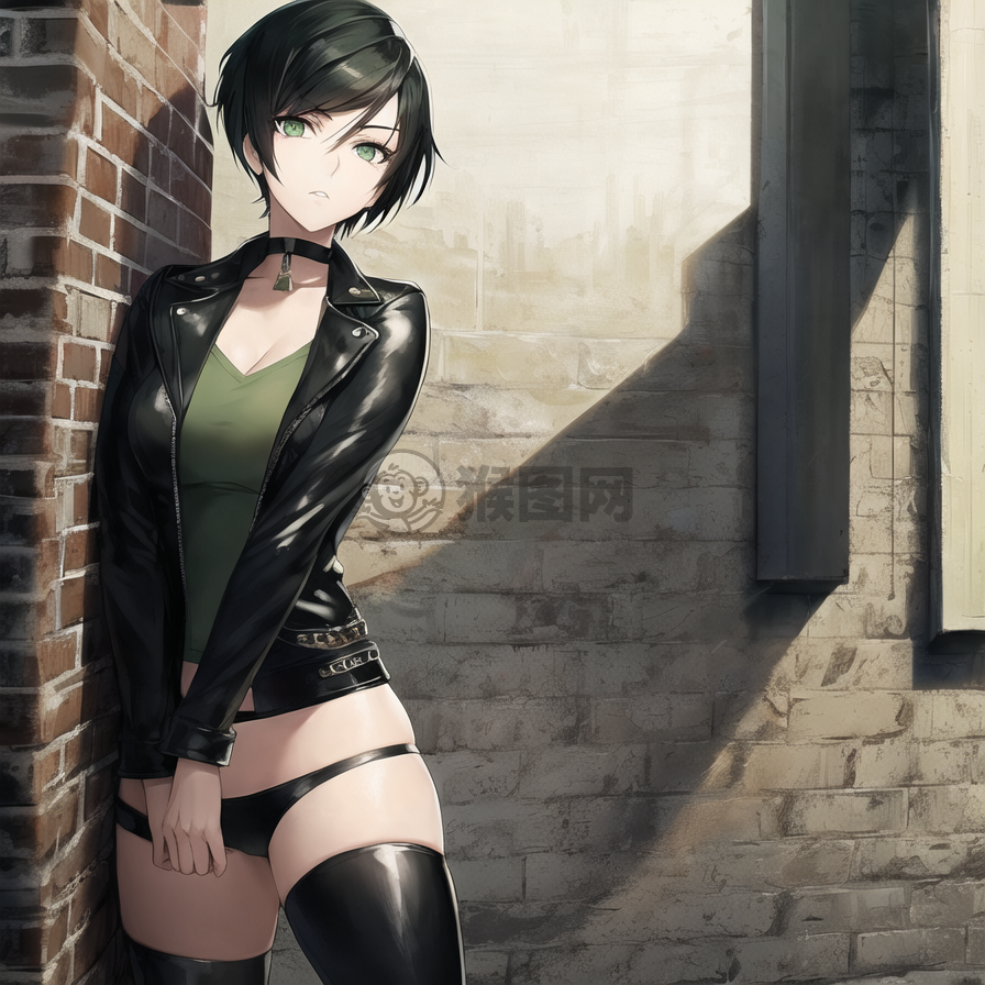 黑发绿眸少女，街头魅影