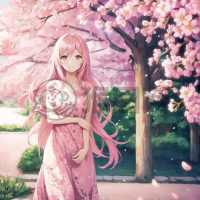 樱花下微笑的粉色少女