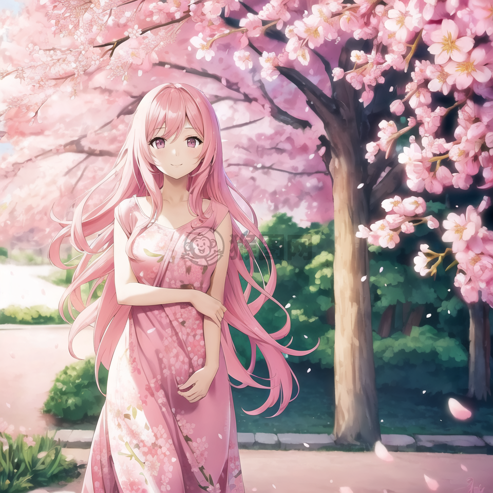 樱花下微笑的粉色少女