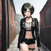 黑发绿眸少女立于砖墙，酷魅神秘动漫风。