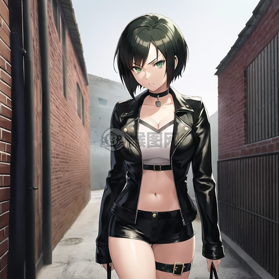 黑发绿眸少女立于砖墙，酷魅神秘动漫风。