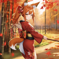 红衣狐尾少女舞秋叶，温馨动画艺术如诗如画。