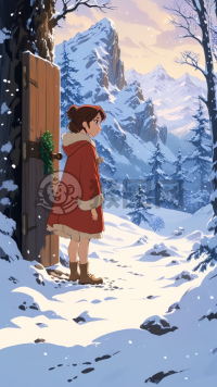 神秘冬日：红衣女孩与雪中神秘之门