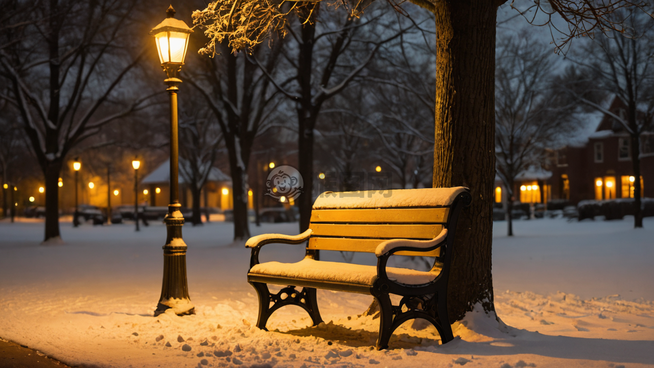 暮色下的雪景长椅之夜